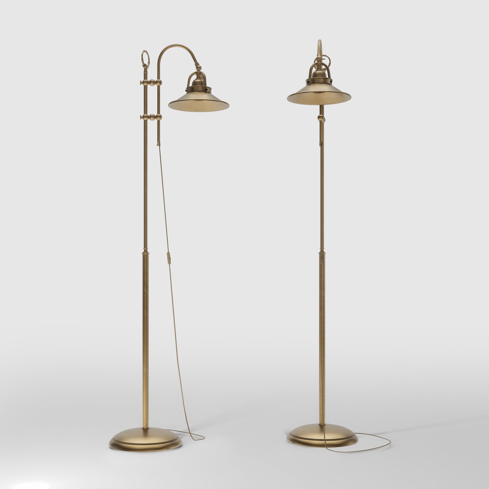 Industrial brass floor lamp with adjustable arm and swivel conical shade for targeted lighting by Ghidini 1849 - Finish: OBS Bronze Satin Brass