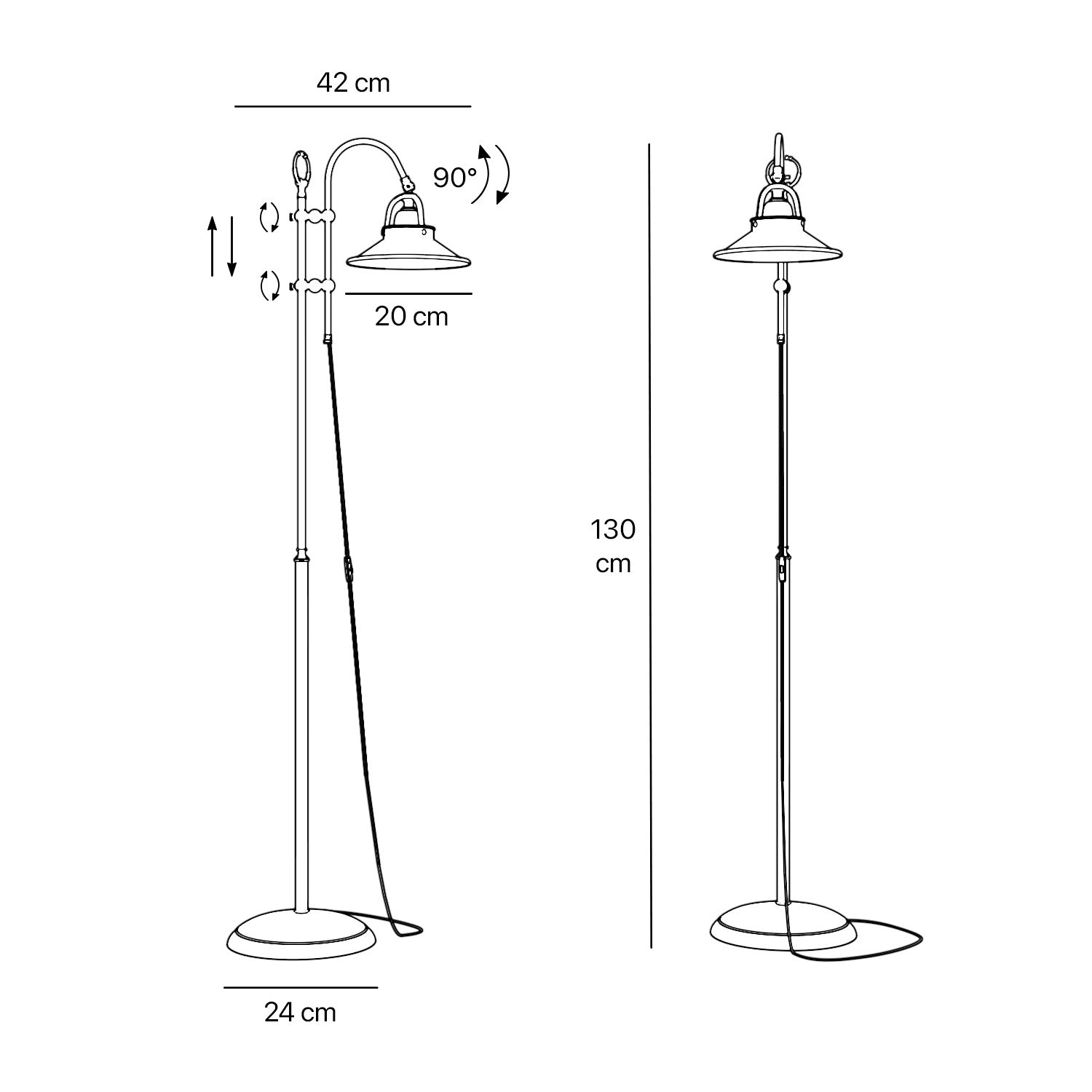 Industrial brass floor lamp with adjustable arm and swivel conical shade for targeted lighting by Ghidini 1849