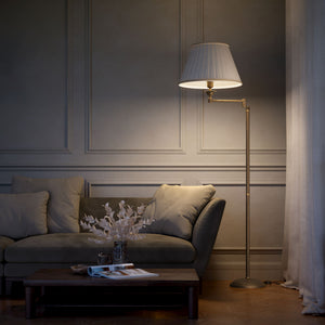 Brass floor lamp with ivory fabric shade and adjustable arm, ideal for elegant interiors by Ghidini 1849 - Finish: OBM Bronze Satin Matt Brass