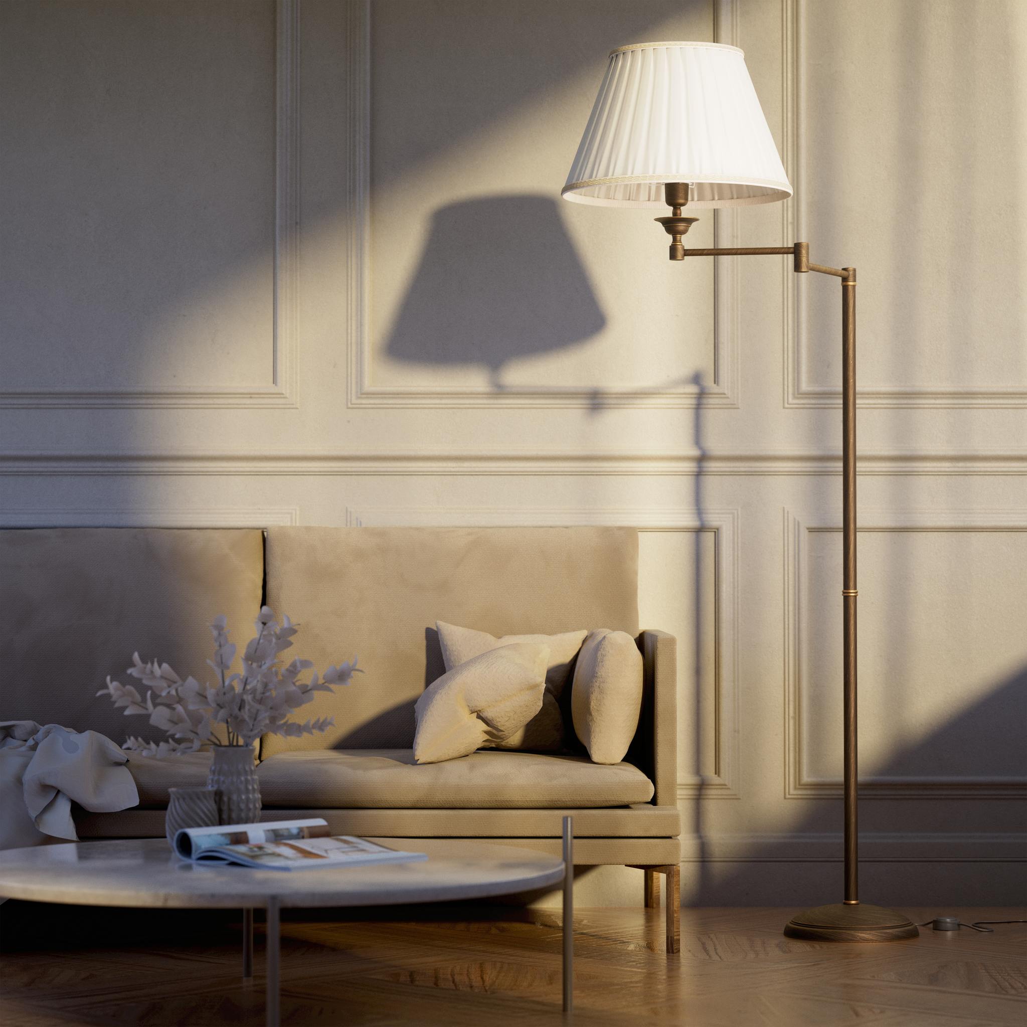 Brass floor lamp with ivory fabric shade and adjustable arm, ideal for elegant interiors by Ghidini 1849 - Finish: OBM Bronze Satin Matt Brass