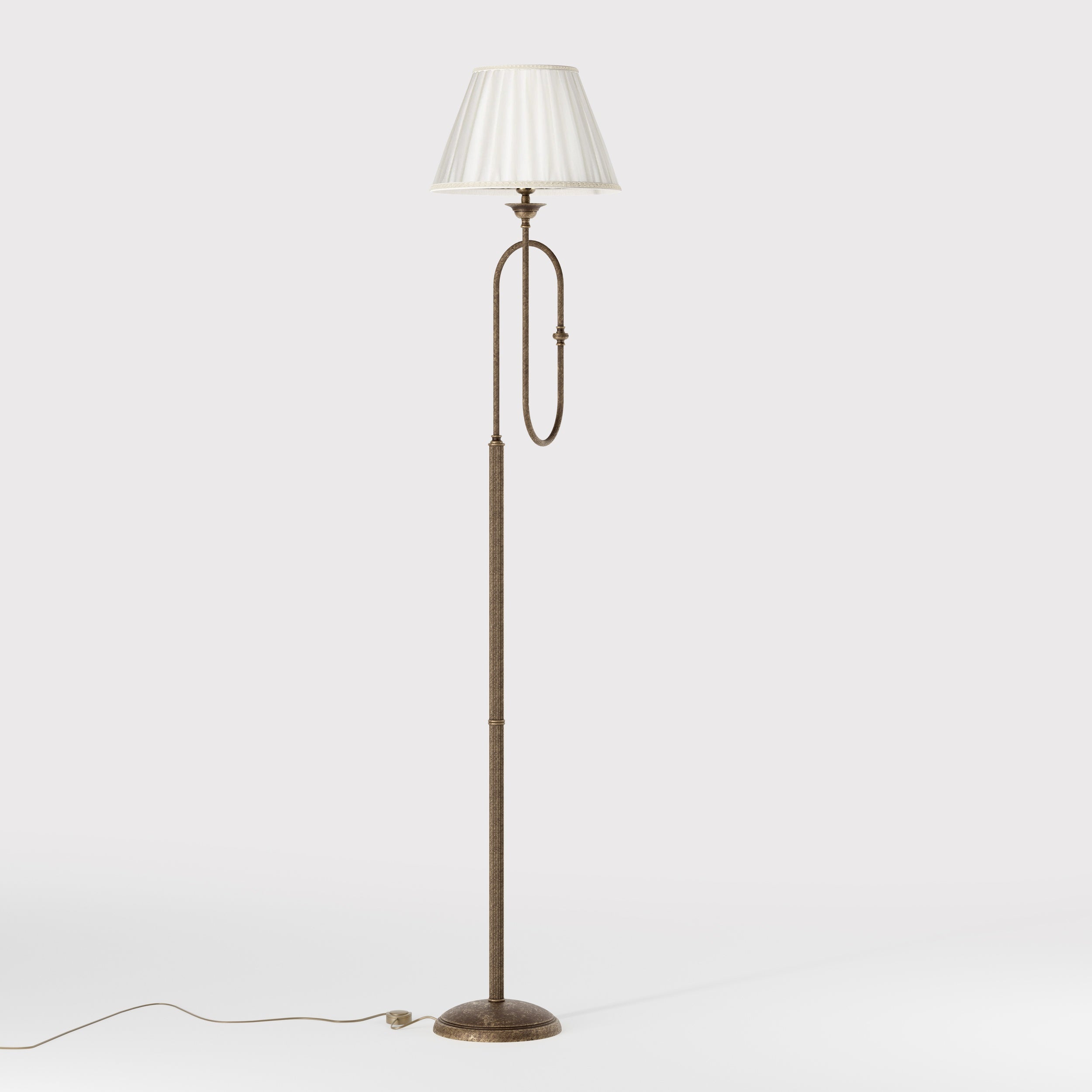 Brass floor lamp with trumpet arm and ivory pleated shade, musical design Made in Italy by Ghidini 1849 - Finish: OAS Antique Brass