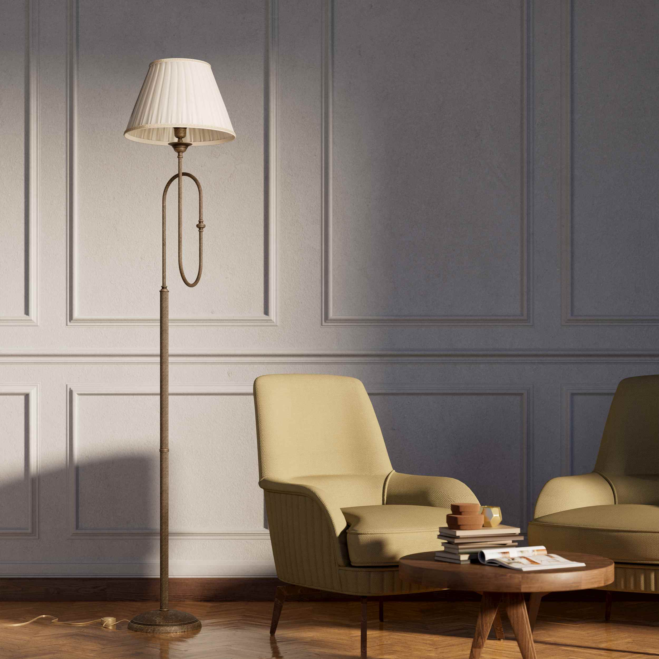 Brass floor lamp with trumpet arm and ivory pleated shade, musical design Made in Italy by Ghidini 1849 - Finish: OAS Antique Brass