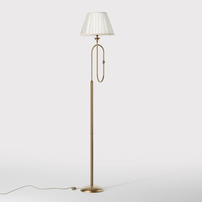 Brass floor lamp with trumpet arm and ivory pleated shade, musical design Made in Italy by Ghidini 1849 - Finish: OBS Bronze Satin Brass