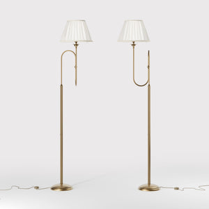 Brass floor lamp with trumpet arm and ivory pleated shade, musical design Made in Italy by Ghidini 1849 - Finish: OBS Bronze Satin Brass