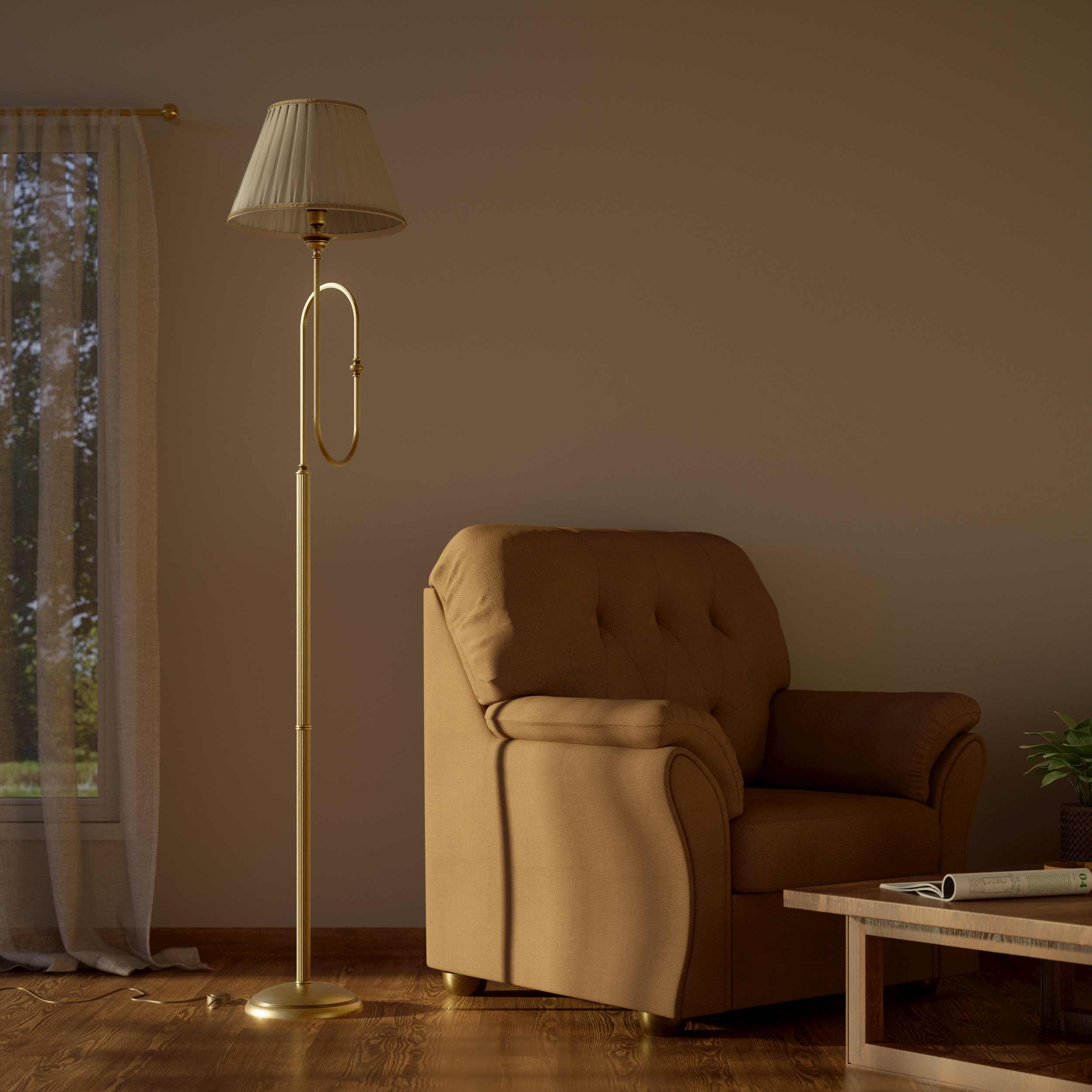 Brass floor lamp with trumpet arm and ivory pleated shade, musical design Made in Italy by Ghidini 1849 - Finish: OBS Bronze Satin Brass