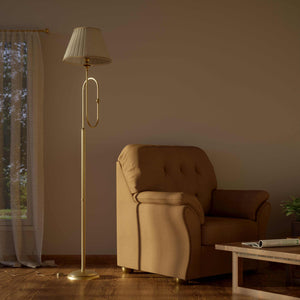 Brass floor lamp with trumpet arm and ivory pleated shade, musical design Made in Italy by Ghidini 1849 - Finish: OBS Bronze Satin Brass