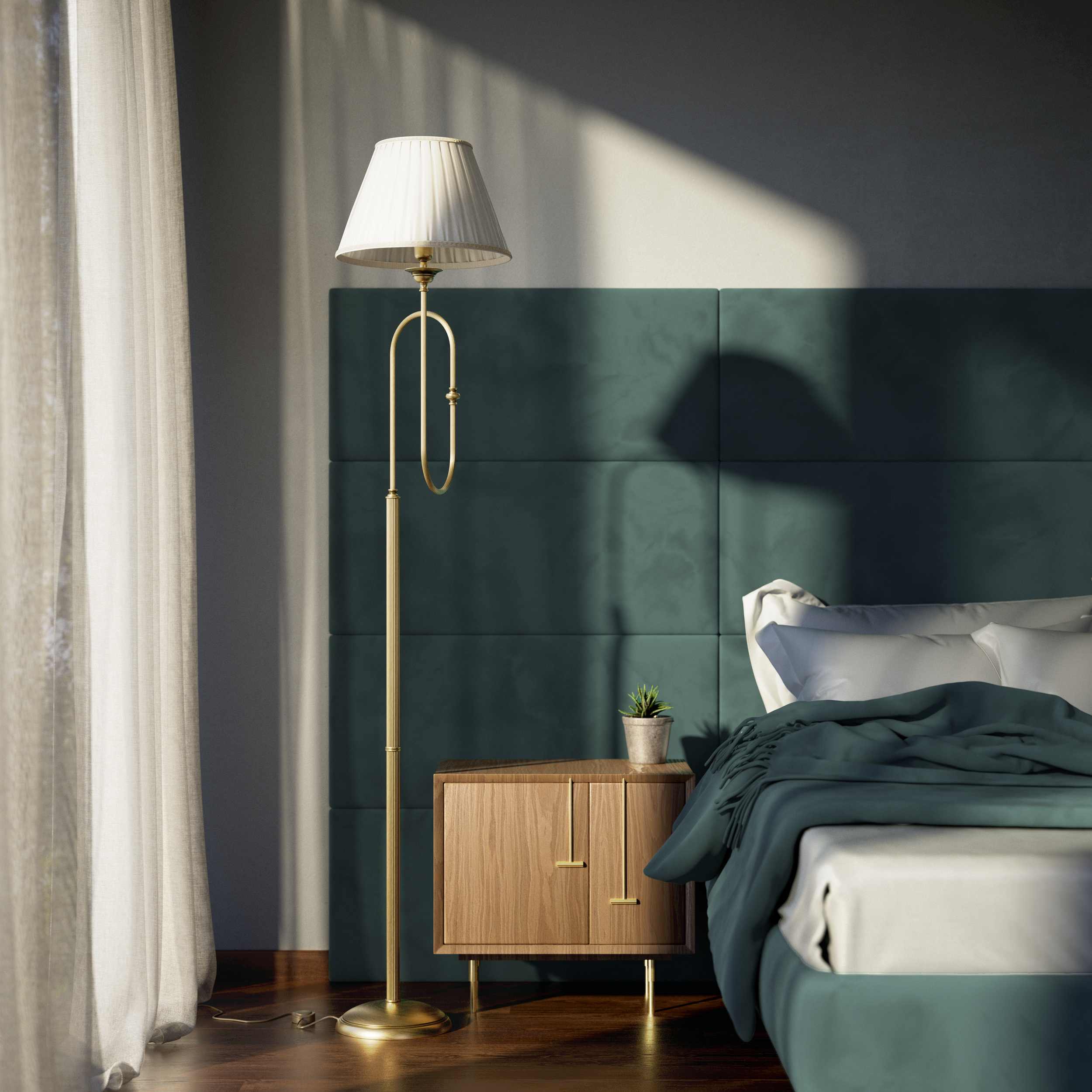 Brass floor lamp with trumpet arm and ivory pleated shade, musical design Made in Italy by Ghidini 1849 - Finish: OBS Bronze Satin Brass