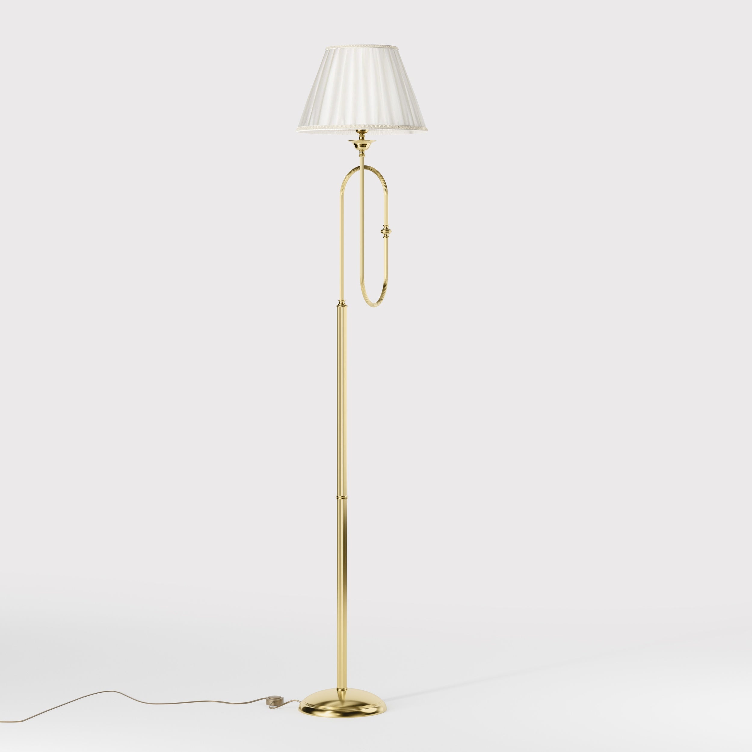 Brass floor lamp with trumpet arm and ivory pleated shade, musical design Made in Italy by Ghidini 1849 - Finish: OLV Polished Brass