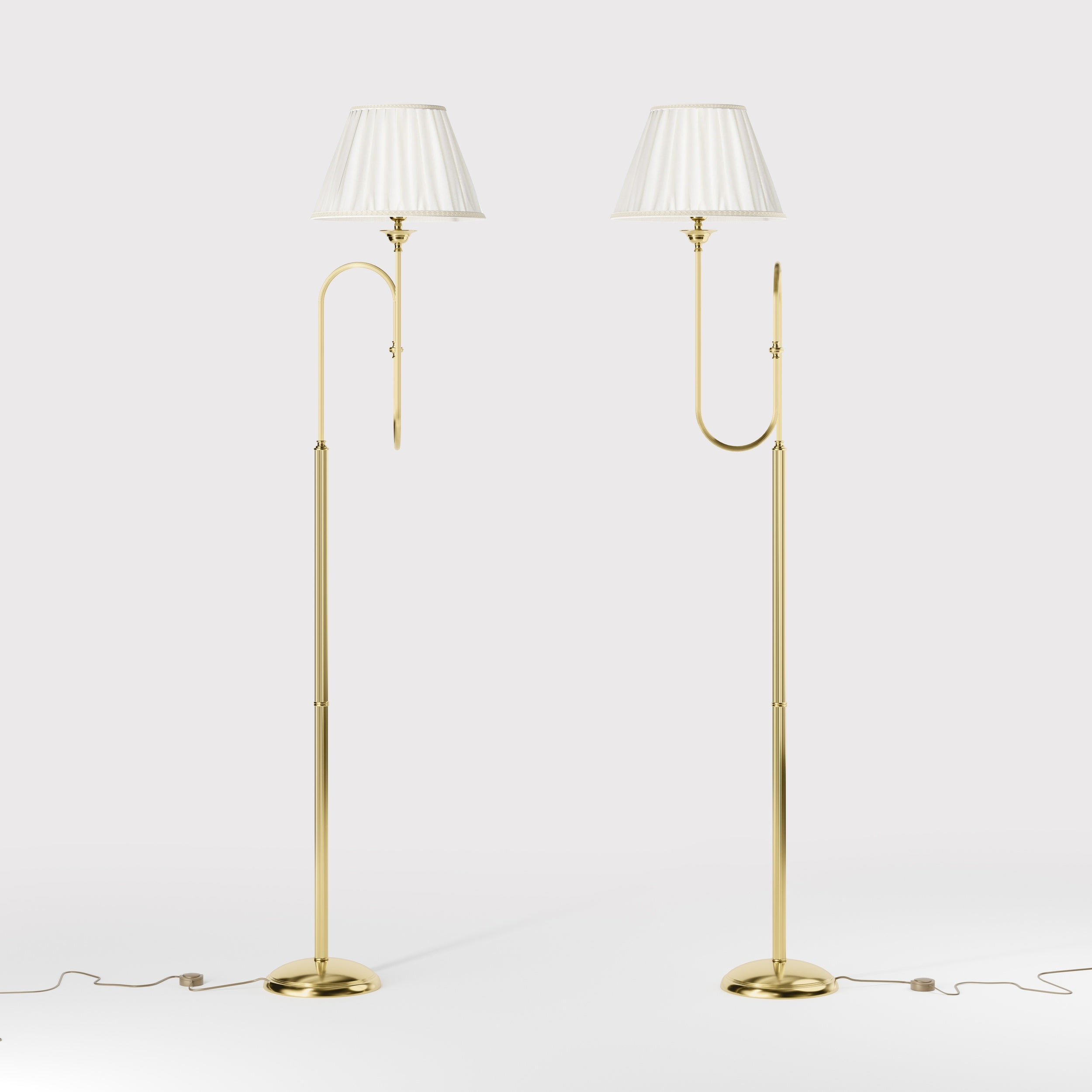 Brass floor lamp with trumpet arm and ivory pleated shade, musical design Made in Italy by Ghidini 1849 - Finish: OLV Polished Brass