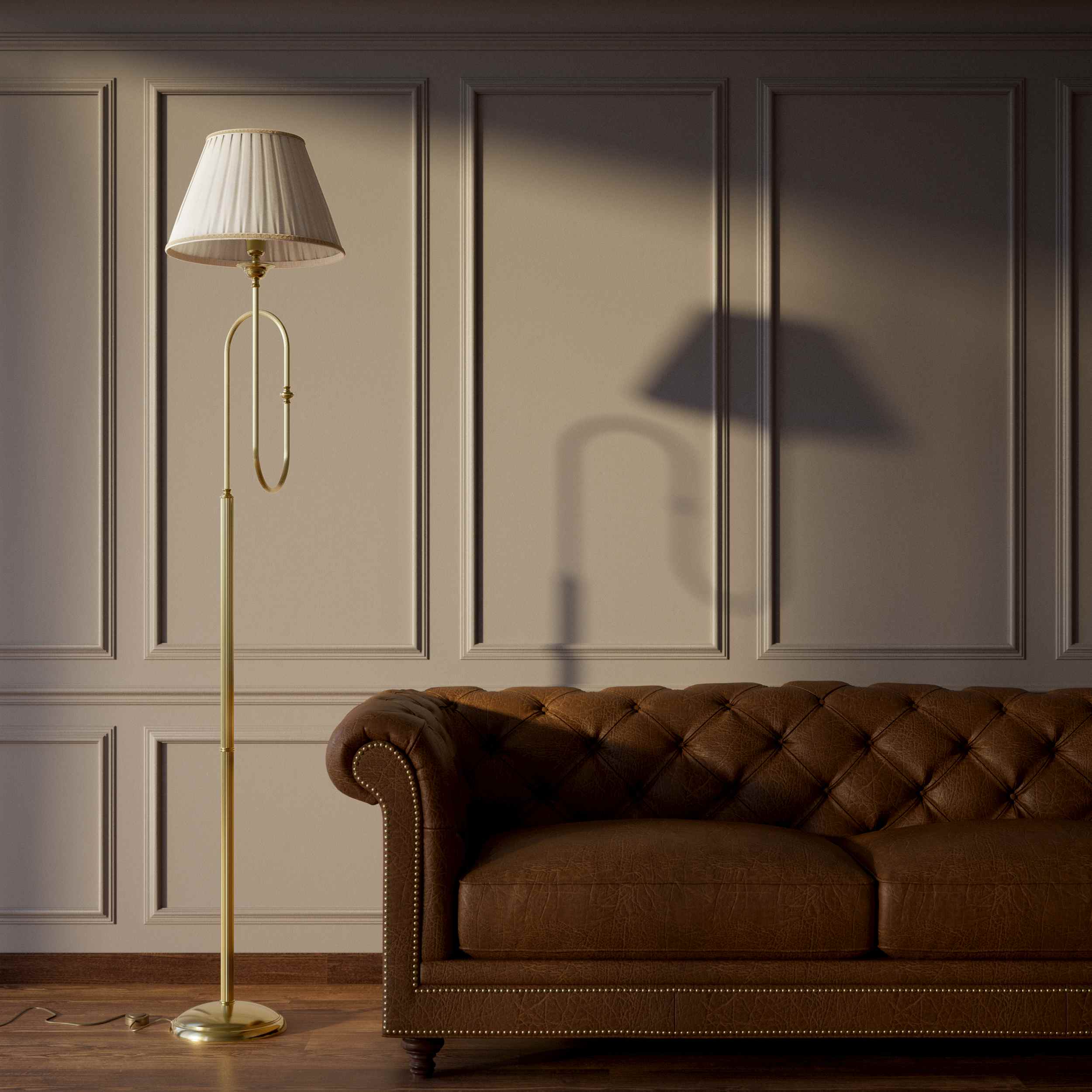 Brass floor lamp with trumpet arm and ivory pleated shade, musical design Made in Italy by Ghidini 1849 - Finish: OLV Polished Brass