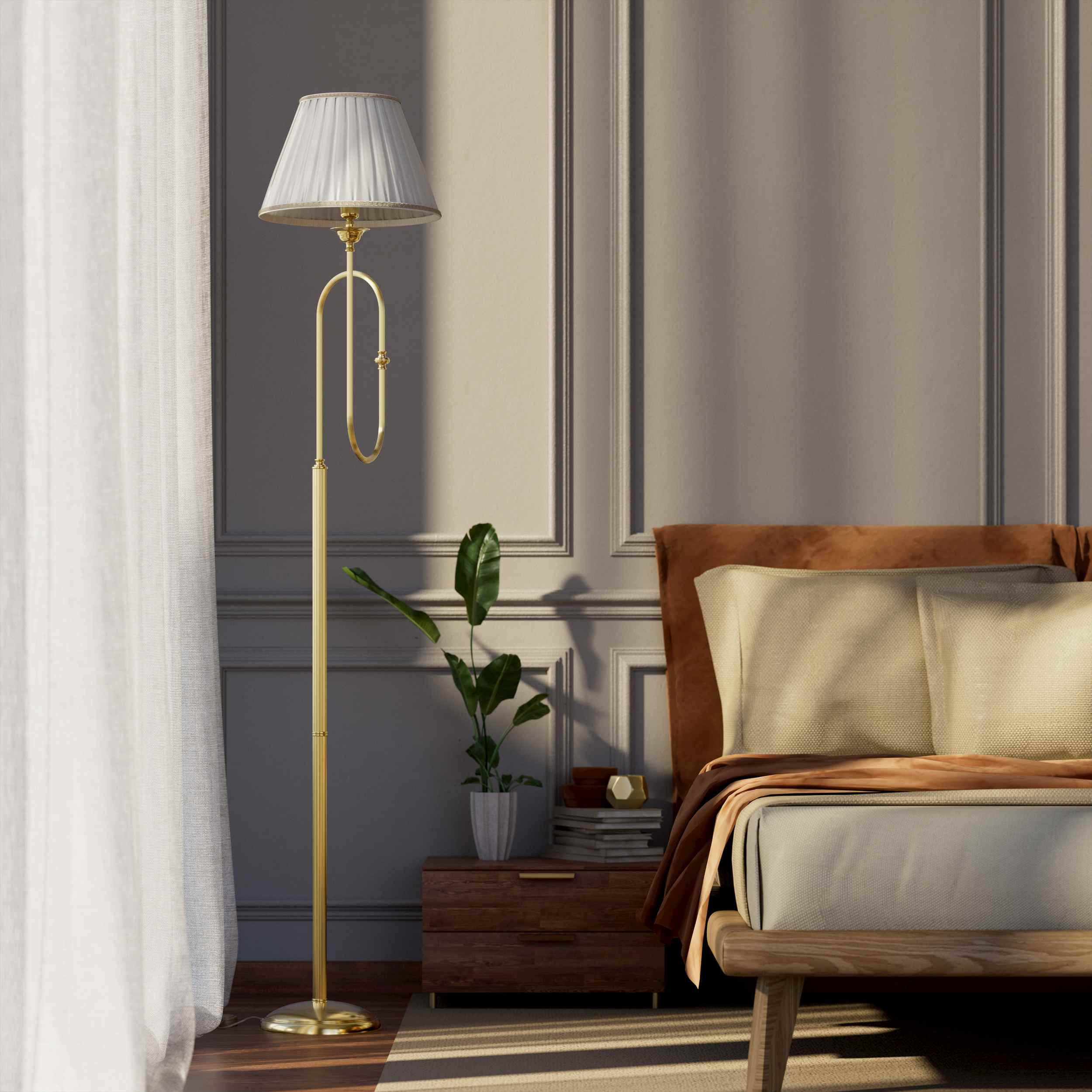 Brass floor lamp with trumpet arm and ivory pleated shade, musical design Made in Italy by Ghidini 1849 - Finish: OLV Polished Brass