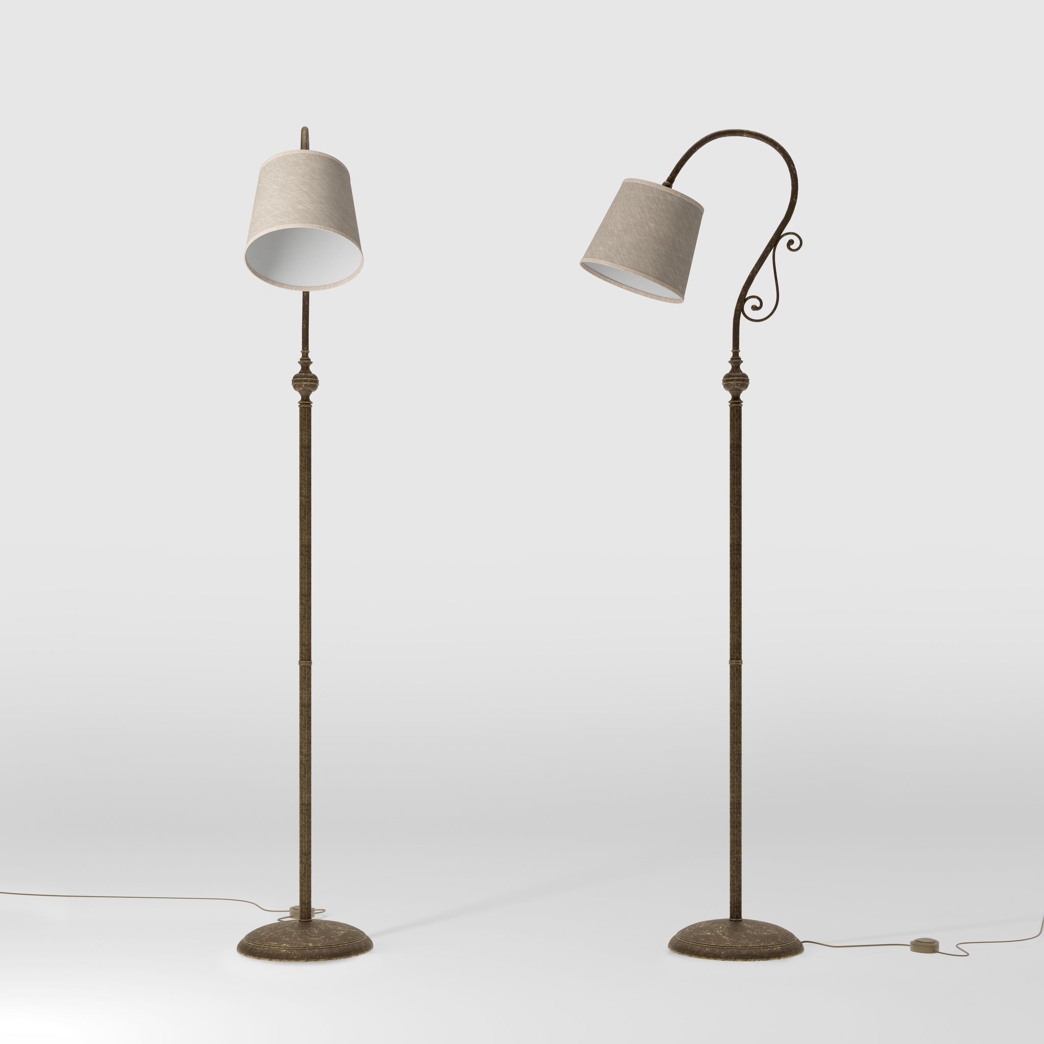 Brass floor lamp with curved arm and scrolls linen-effect fabric shade classic design Made in Italy by Ghidini 1849 - Finish: OAS Antique Brass