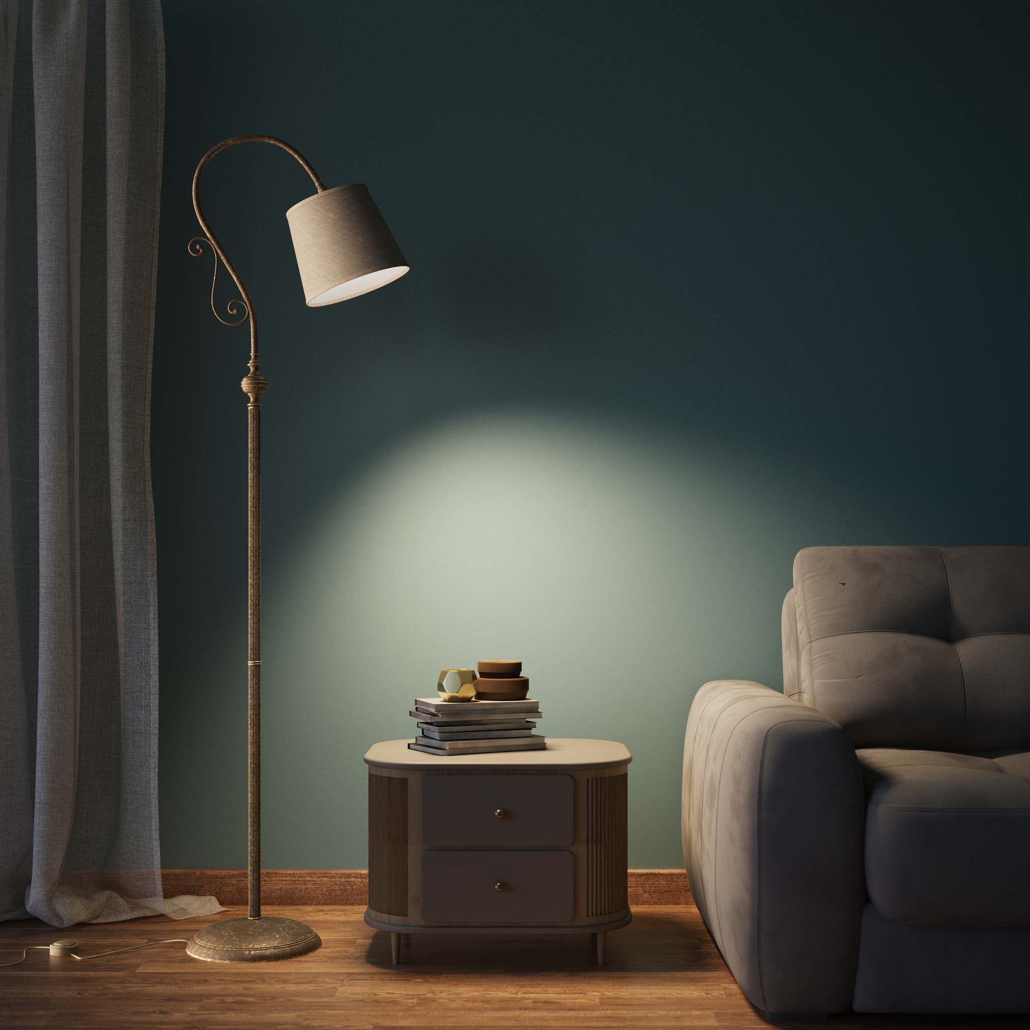 Brass floor lamp with curved arm and scrolls linen-effect fabric shade classic design Made in Italy by Ghidini 1849 - Finish: OAS Antique Brass