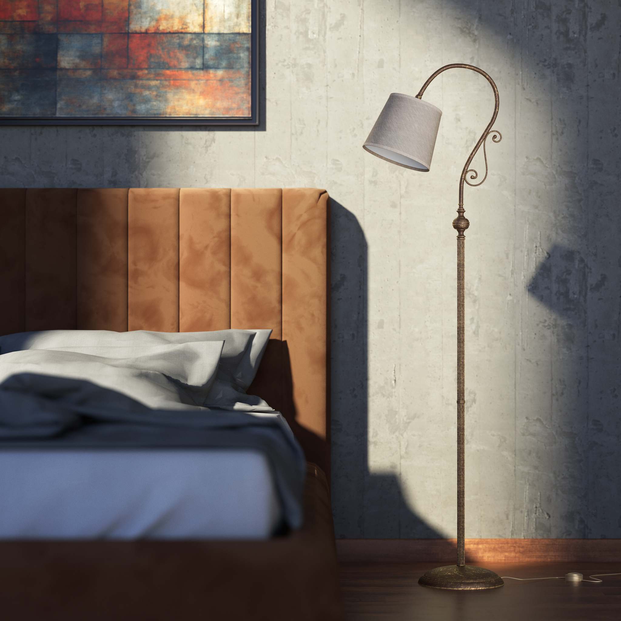 Brass floor lamp with curved arm and scrolls linen-effect fabric shade classic design Made in Italy by Ghidini 1849 - Finish: OAS Antique Brass