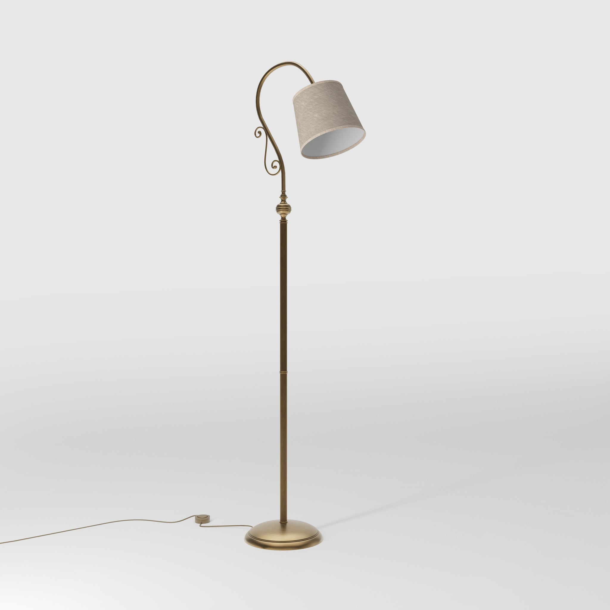 Brass floor lamp with curved arm and scrolls linen-effect fabric shade classic design Made in Italy by Ghidini 1849 - Finish: OBS Bronze Satin Brass