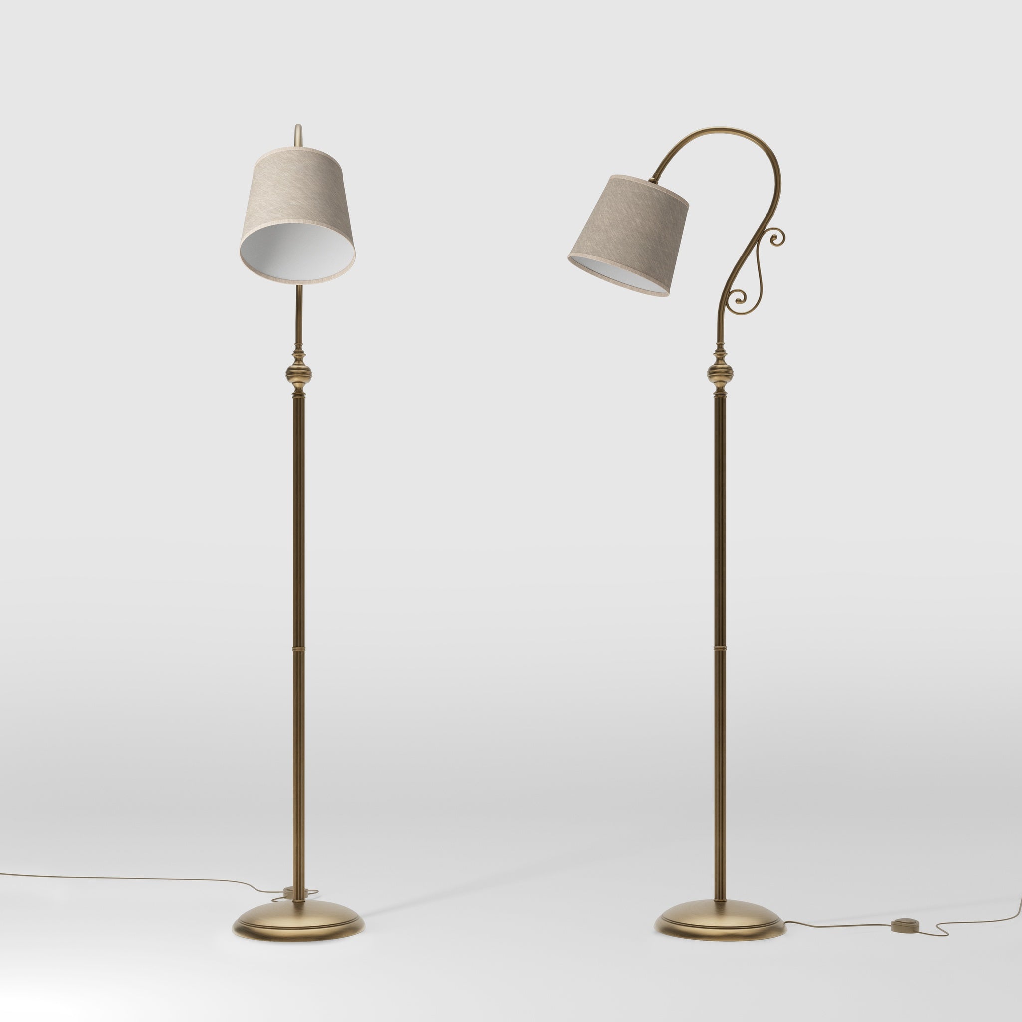 Brass floor lamp with curved arm and scrolls linen-effect fabric shade classic design Made in Italy by Ghidini 1849 - Finish: OBS Bronze Satin Brass