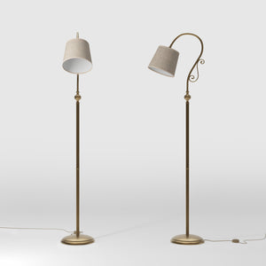 Brass floor lamp with curved arm and scrolls linen-effect fabric shade classic design Made in Italy by Ghidini 1849 - Finish: OBS Bronze Satin Brass