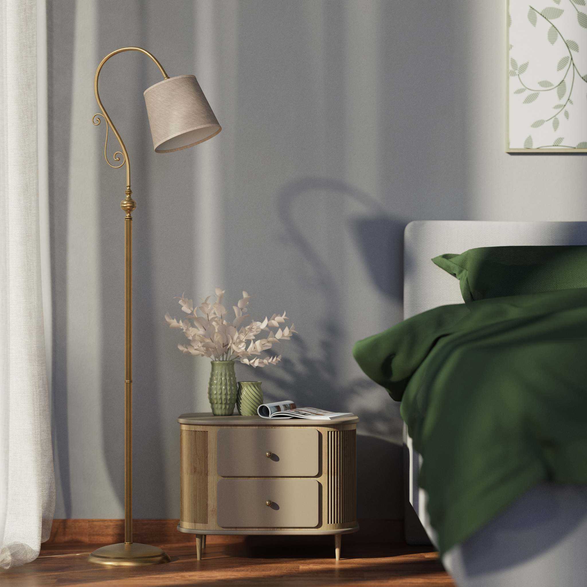 Brass floor lamp with curved arm and scrolls linen-effect fabric shade classic design Made in Italy by Ghidini 1849 - Finish: OBS Bronze Satin Brass