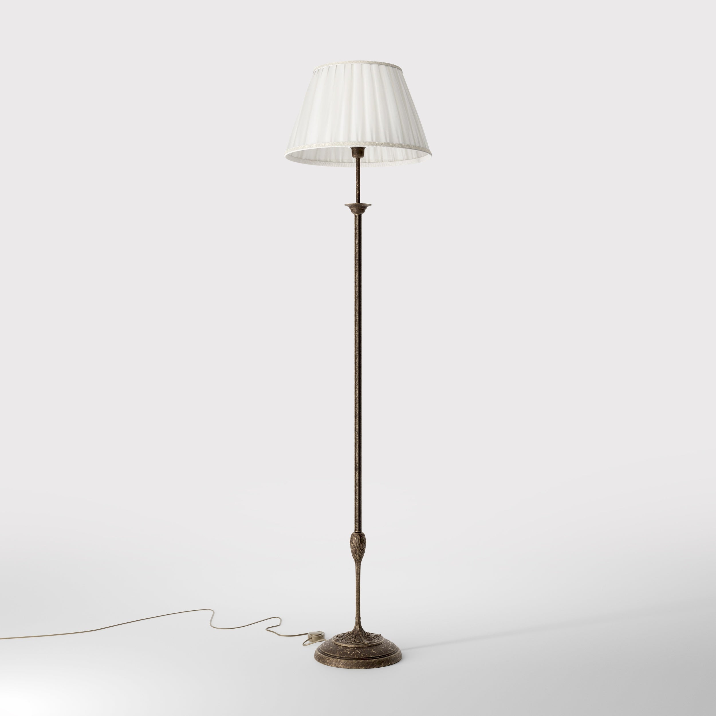 Classic floor lamp Simona collection with decorated brass stem and large pleated ivory white fabric lampshade on ornamental base by Ghidini 1849 - Finish: OAS Antique Brass