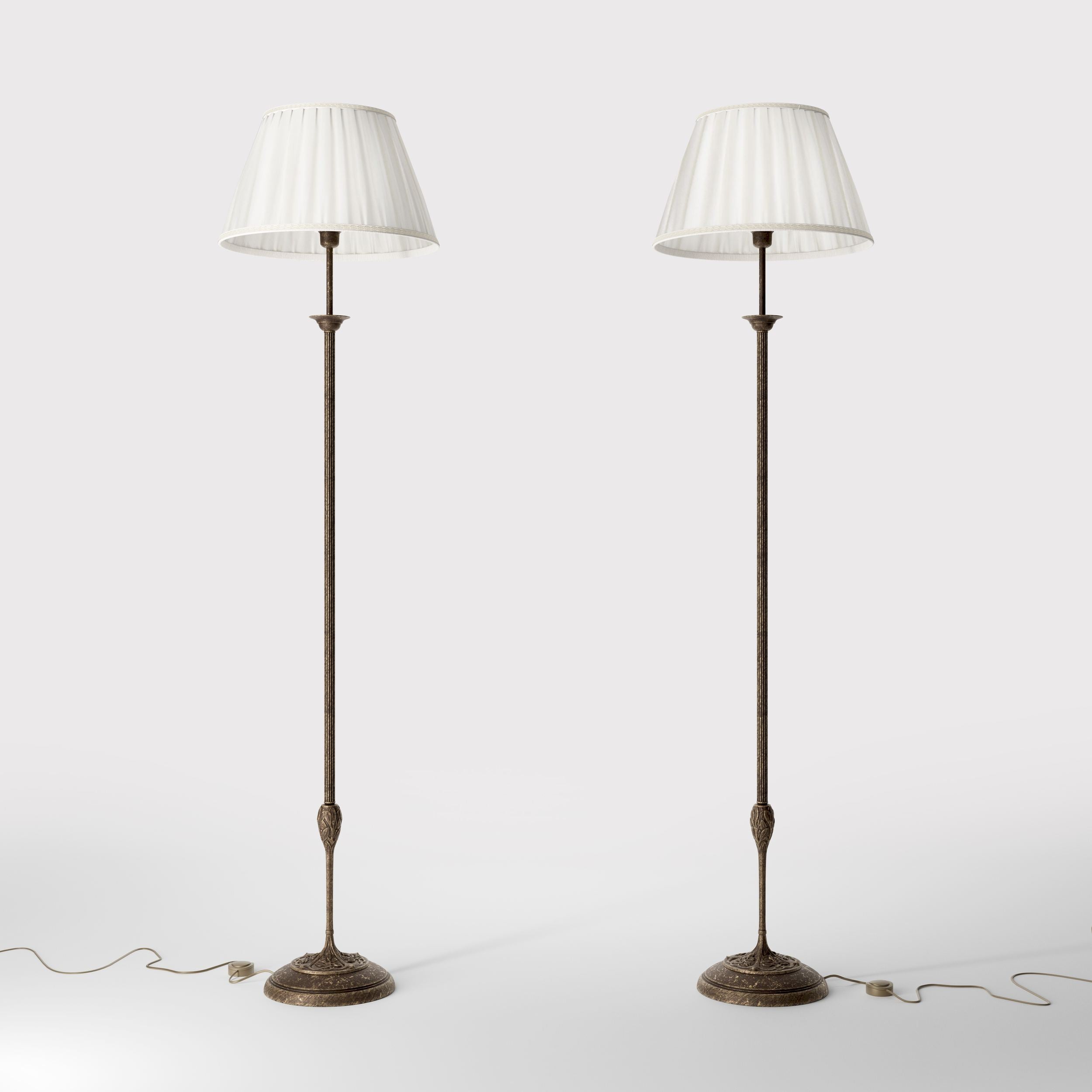 Classic floor lamp Simona collection with decorated brass stem and large pleated ivory white fabric lampshade on ornamental base by Ghidini 1849 - Finish: OAS Antique Brass