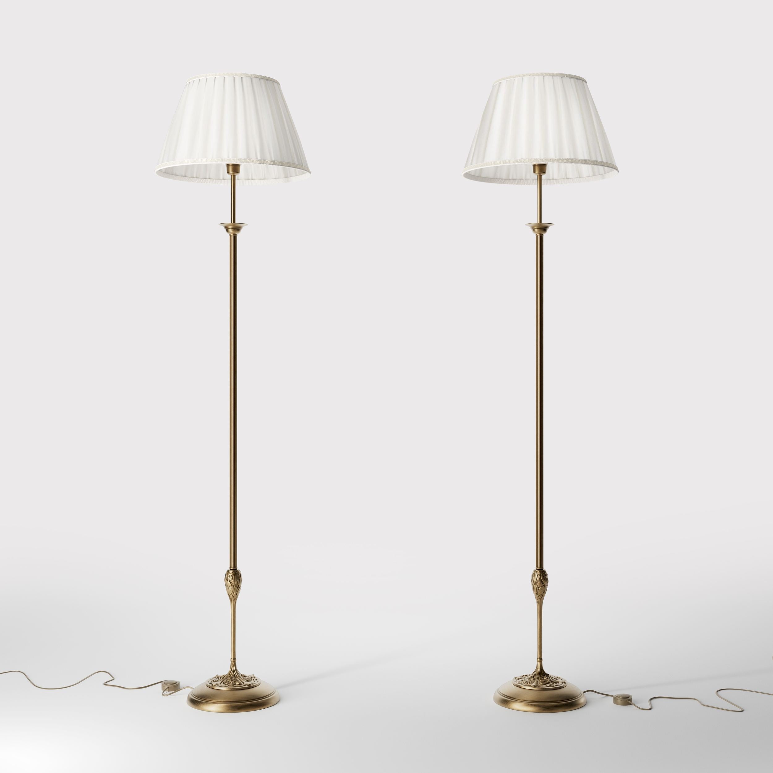 Classic floor lamp Simona collection with decorated brass stem and large pleated ivory white fabric lampshade on ornamental base by Ghidini 1849 - Finish: OBS Bronze Satin Brass