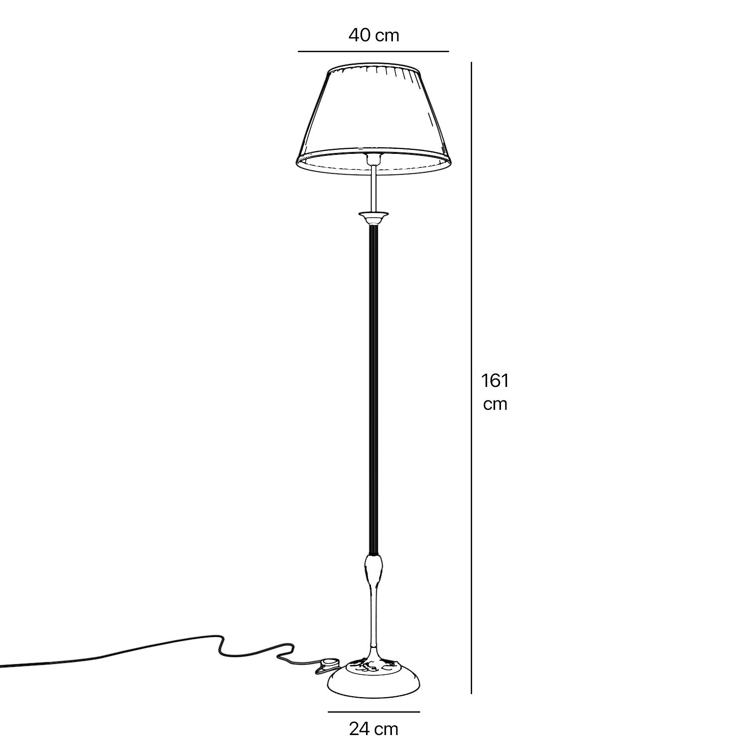 Classic floor lamp Simona collection with decorated brass stem and large pleated ivory white fabric lampshade on ornamental base by Ghidini 1849