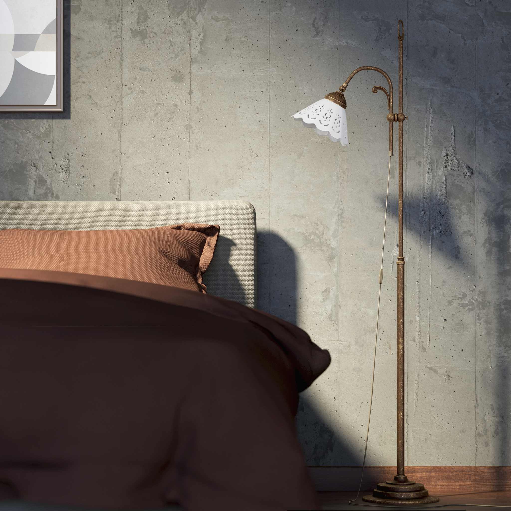 Liberty floor lamp with pierced ceramic shade, height-adjustable arm and orientable brass joint by Ghidini 1849 - Finish: OAS Antique Brass