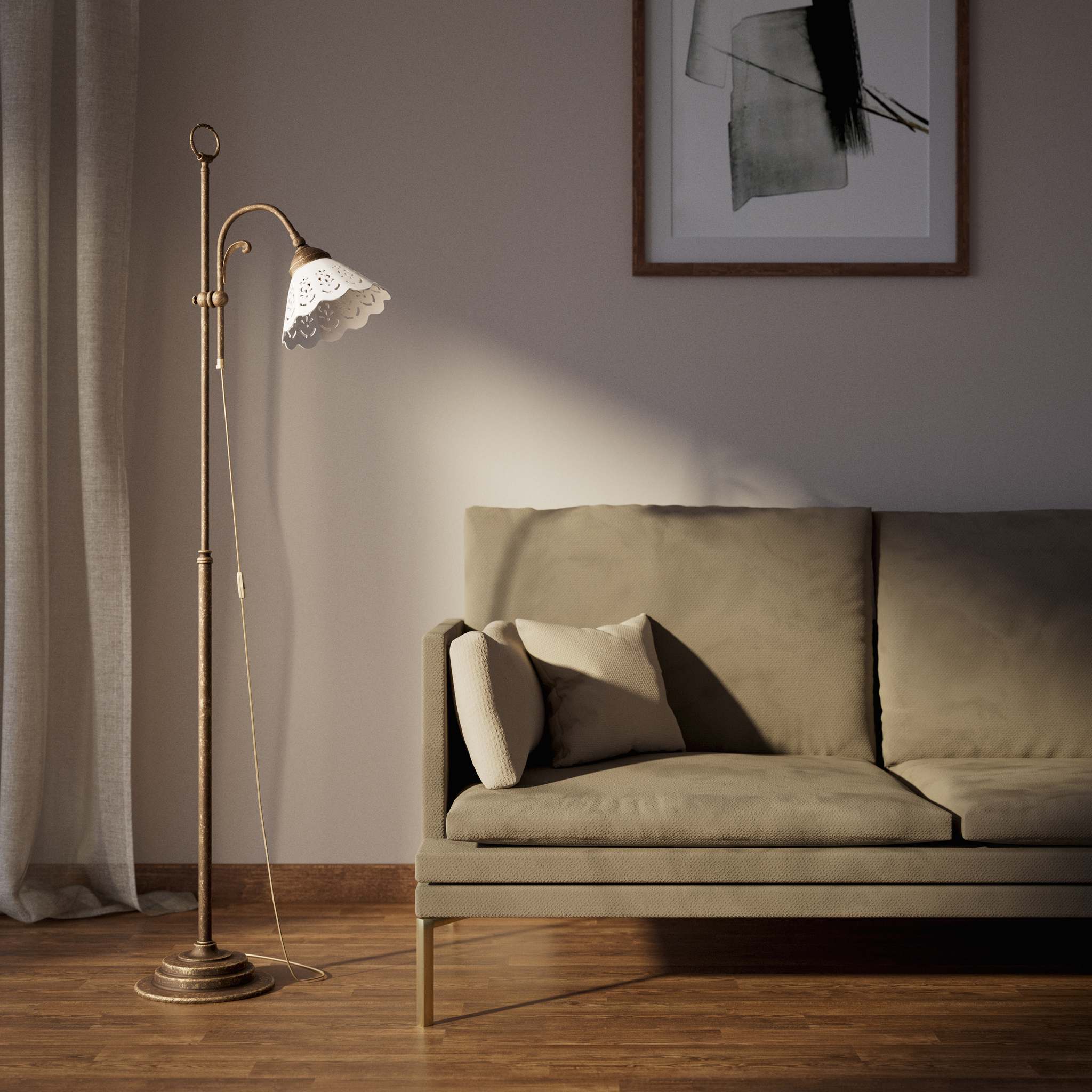 Liberty floor lamp with pierced ceramic shade, height-adjustable arm and orientable brass joint by Ghidini 1849 - Finish: OAS Antique Brass