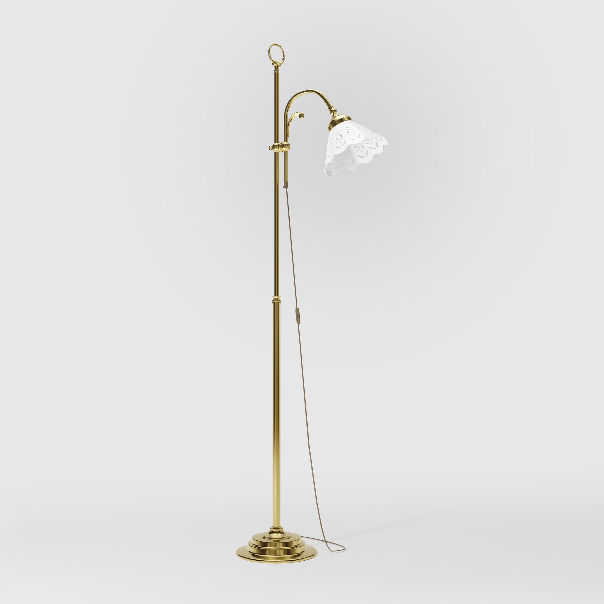 Liberty floor lamp with pierced ceramic shade, height-adjustable arm and orientable brass joint by Ghidini 1849 - Finish: OLV Polished Brass