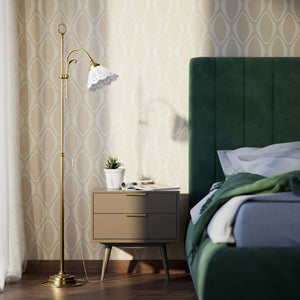 Liberty floor lamp with pierced ceramic shade, height-adjustable arm and orientable brass joint by Ghidini 1849 - Finish: OLV Polished Brass