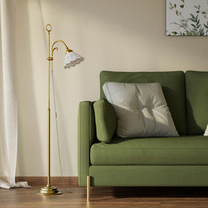 Liberty floor lamp with pierced ceramic shade, height-adjustable arm and orientable brass joint by Ghidini 1849 - Finish: OLV Polished Brass