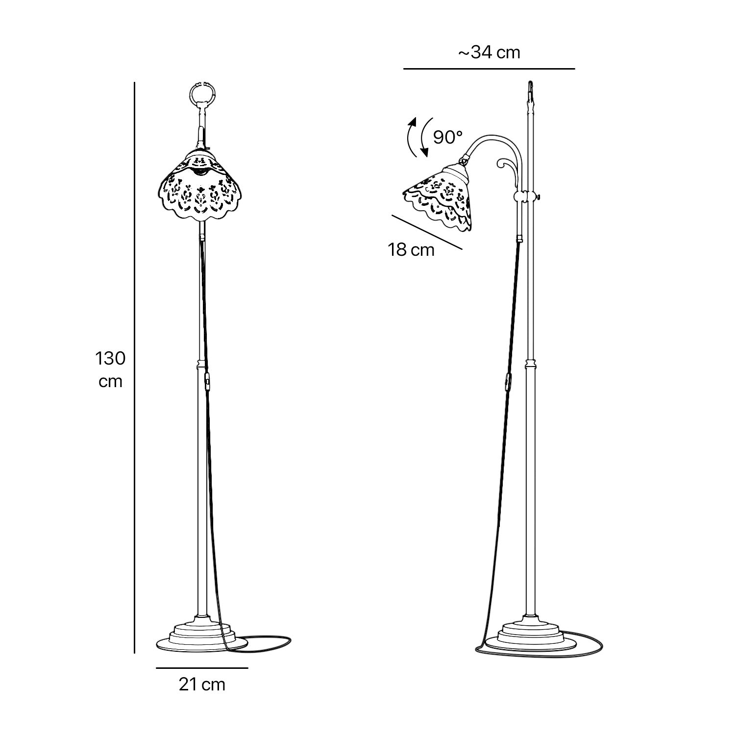 Liberty floor lamp with pierced ceramic shade, height-adjustable arm and orientable brass joint by Ghidini 1849