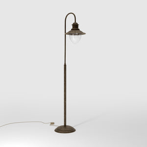 Brass floor lamp with curved arm and glass diffuser, Italian design inspired by historic port lighting by Ghidini 1849 - Finish: OAS Antique Brass