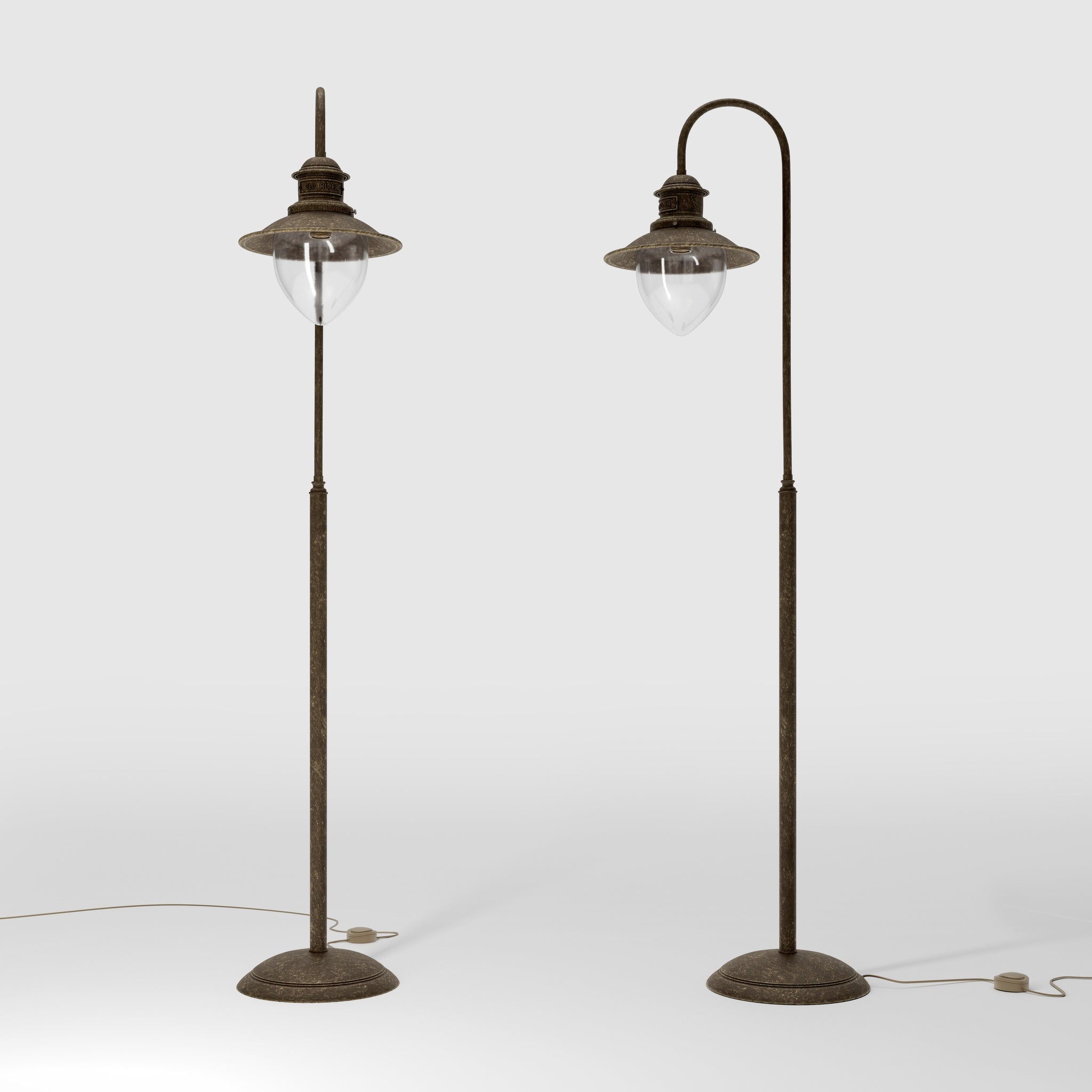 Brass floor lamp with curved arm and glass diffuser, Italian design inspired by historic port lighting by Ghidini 1849 - Finish: OAS Antique Brass