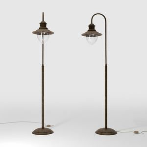 Brass floor lamp with curved arm and glass diffuser, Italian design inspired by historic port lighting by Ghidini 1849 - Finish: OAS Antique Brass