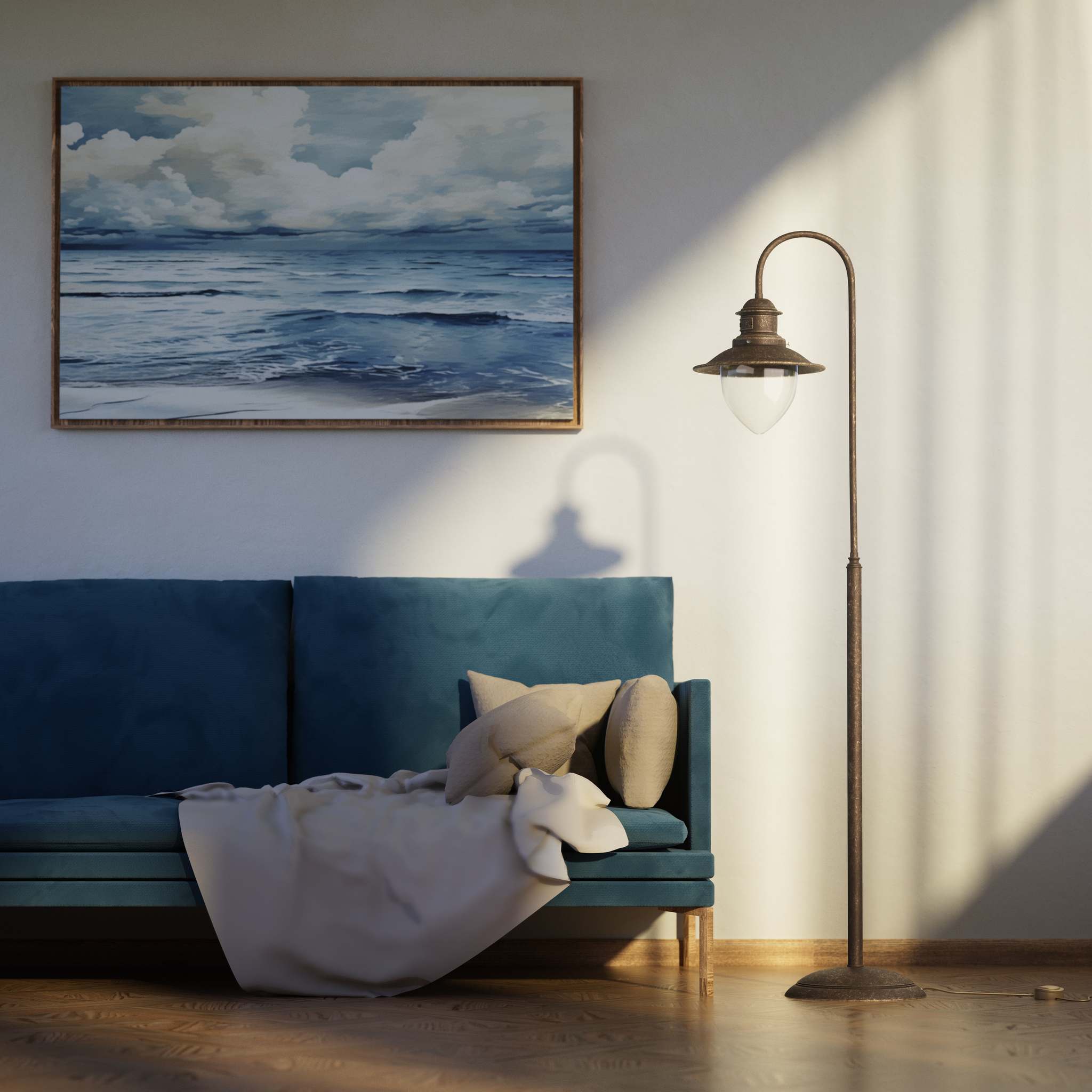 Brass floor lamp with curved arm and glass diffuser, Italian design inspired by historic port lighting by Ghidini 1849 - Finish: OAS Antique Brass