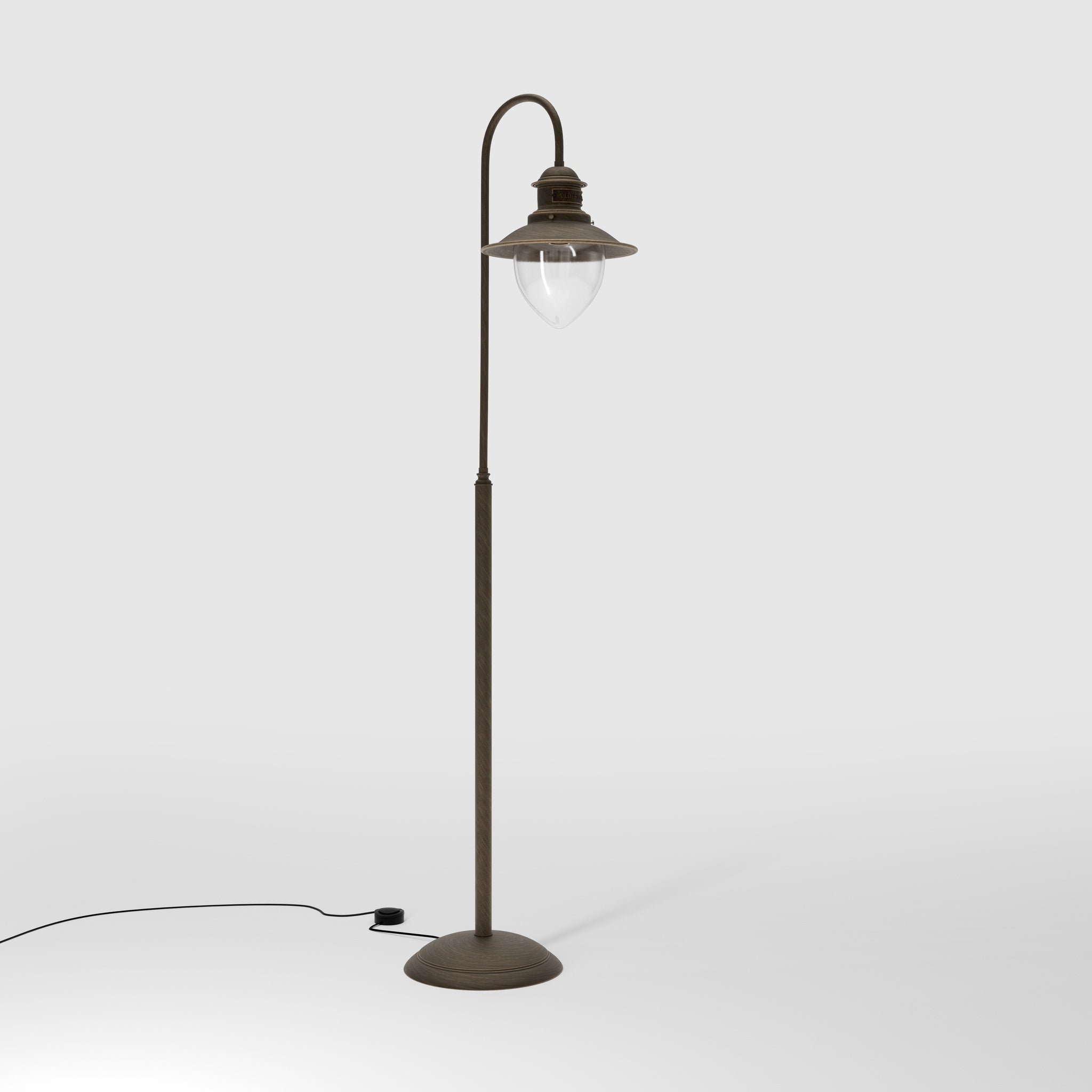 Brass floor lamp with curved arm and glass diffuser, Italian design inspired by historic port lighting by Ghidini 1849 - Finish: OBM Bronze Satin Matt Brass