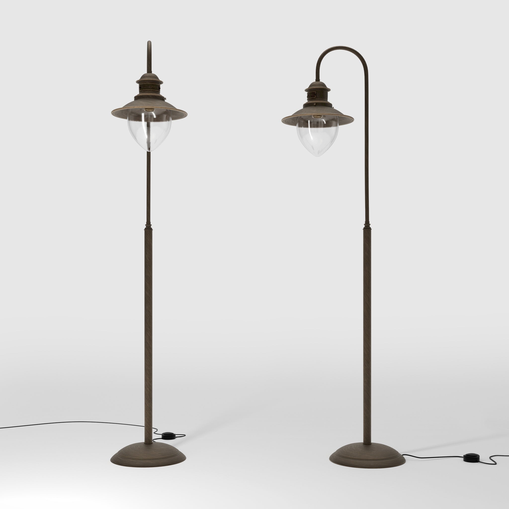 Brass floor lamp with curved arm and glass diffuser, Italian design inspired by historic port lighting by Ghidini 1849 - Finish: OBM Bronze Satin Matt Brass