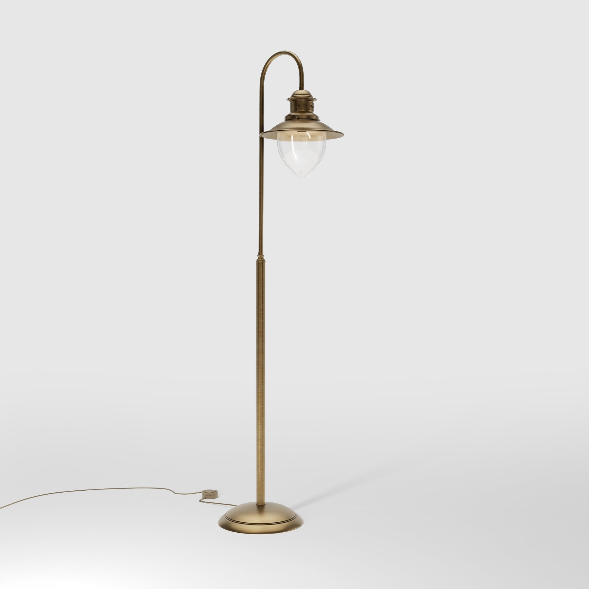 Brass floor lamp with curved arm and glass diffuser, Italian design inspired by historic port lighting by Ghidini 1849 - Finish: OBS Bronze Satin Brass