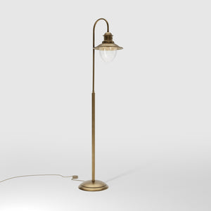 Brass floor lamp with curved arm and glass diffuser, Italian design inspired by historic port lighting by Ghidini 1849 - Finish: OBS Bronze Satin Brass