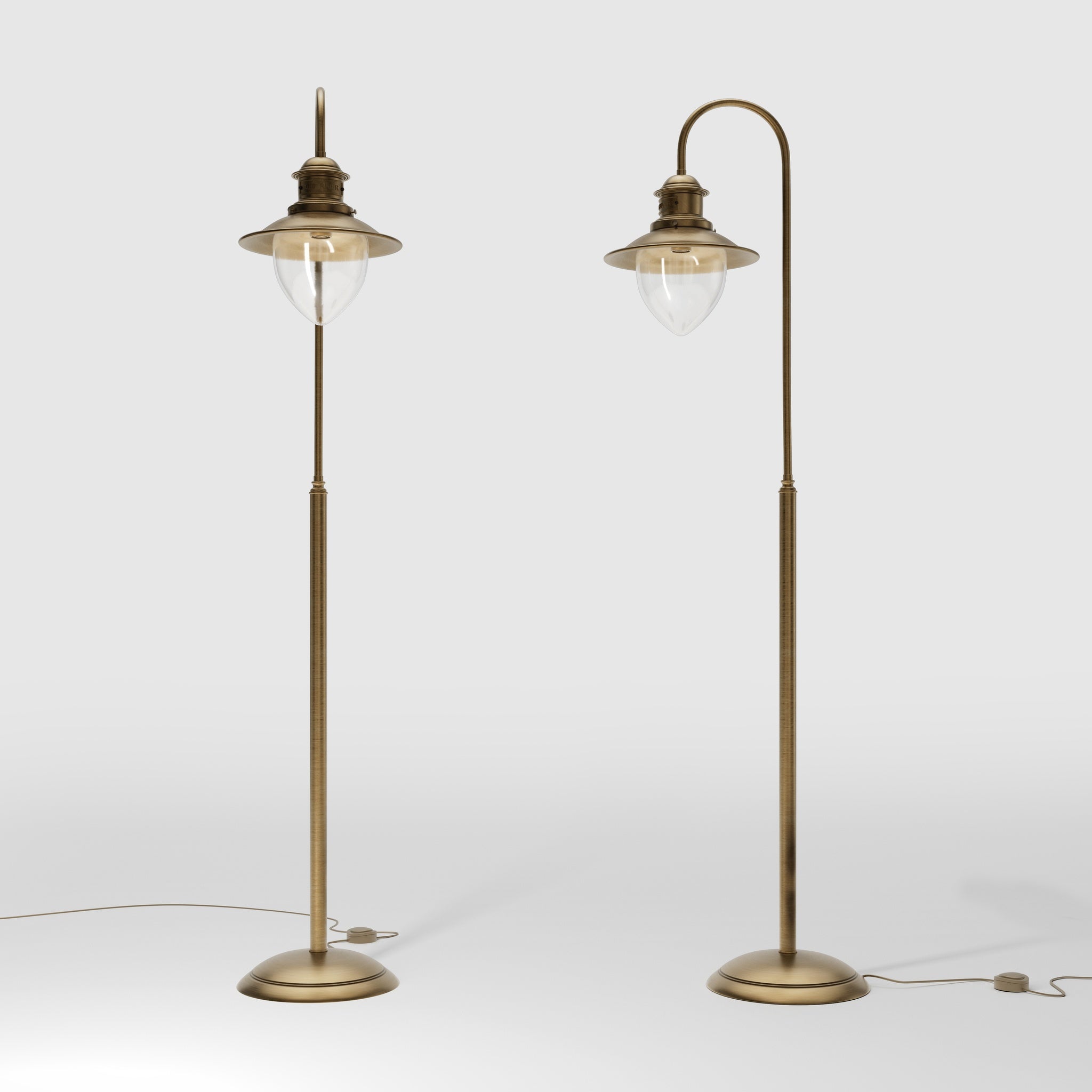 Brass floor lamp with curved arm and glass diffuser, Italian design inspired by historic port lighting by Ghidini 1849 - Finish: OBS Bronze Satin Brass