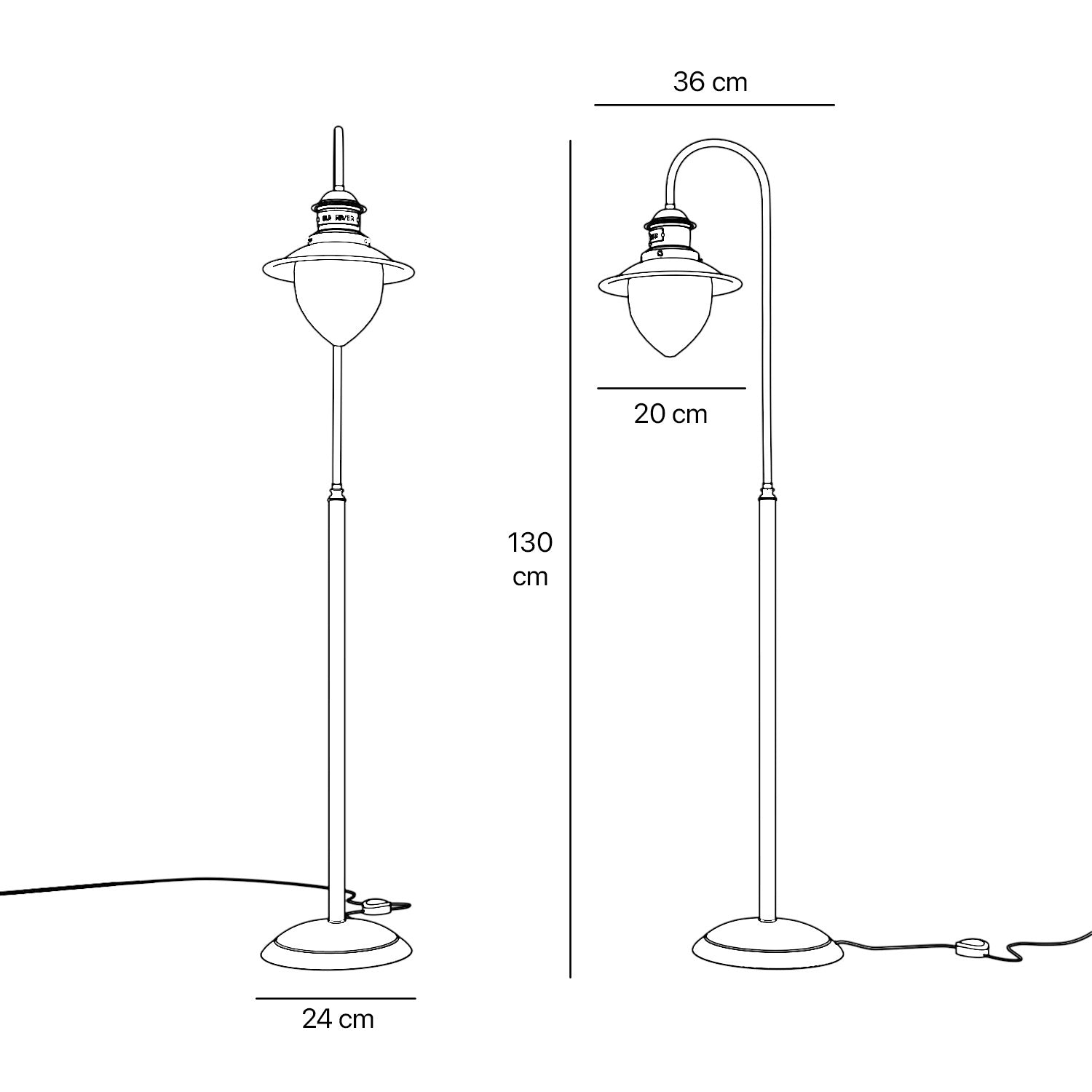 Brass floor lamp with curved arm and glass diffuser, Italian design inspired by historic port lighting by Ghidini 1849