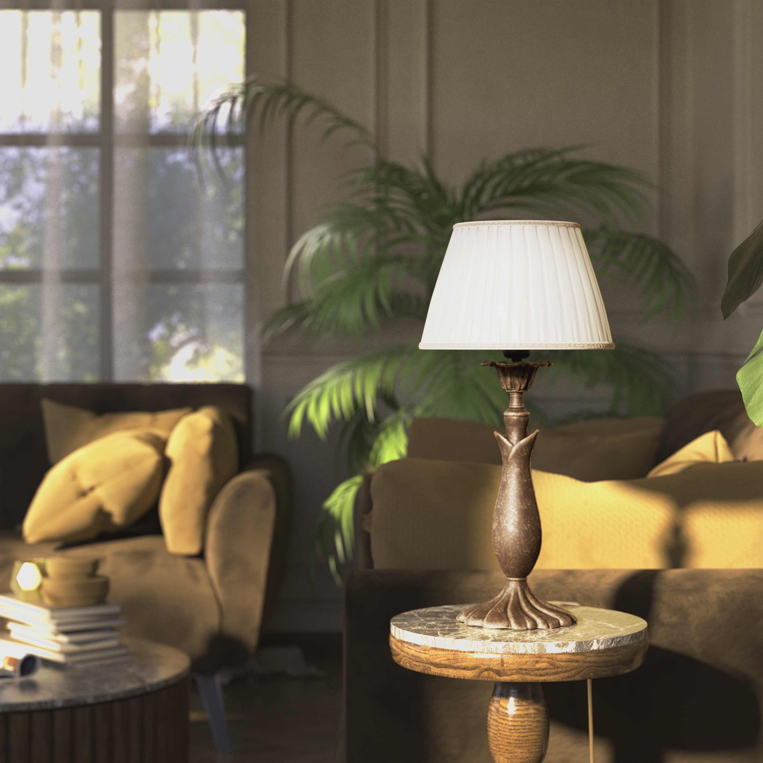 Brass table lamp with sculptural wavy leaf base ivory white pleated shade refined decorative details - Finish: OAS Antique Brass