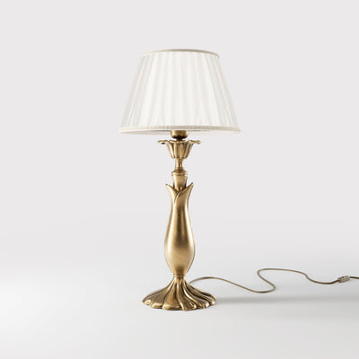 Brass table lamp with sculptural wavy leaf base ivory white pleated shade refined decorative details - Finish: OBS Bronze Satin Brass