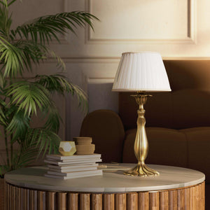 Brass table lamp with sculptural wavy leaf base ivory white pleated shade refined decorative details - Finish: OBS Bronze Satin Brass