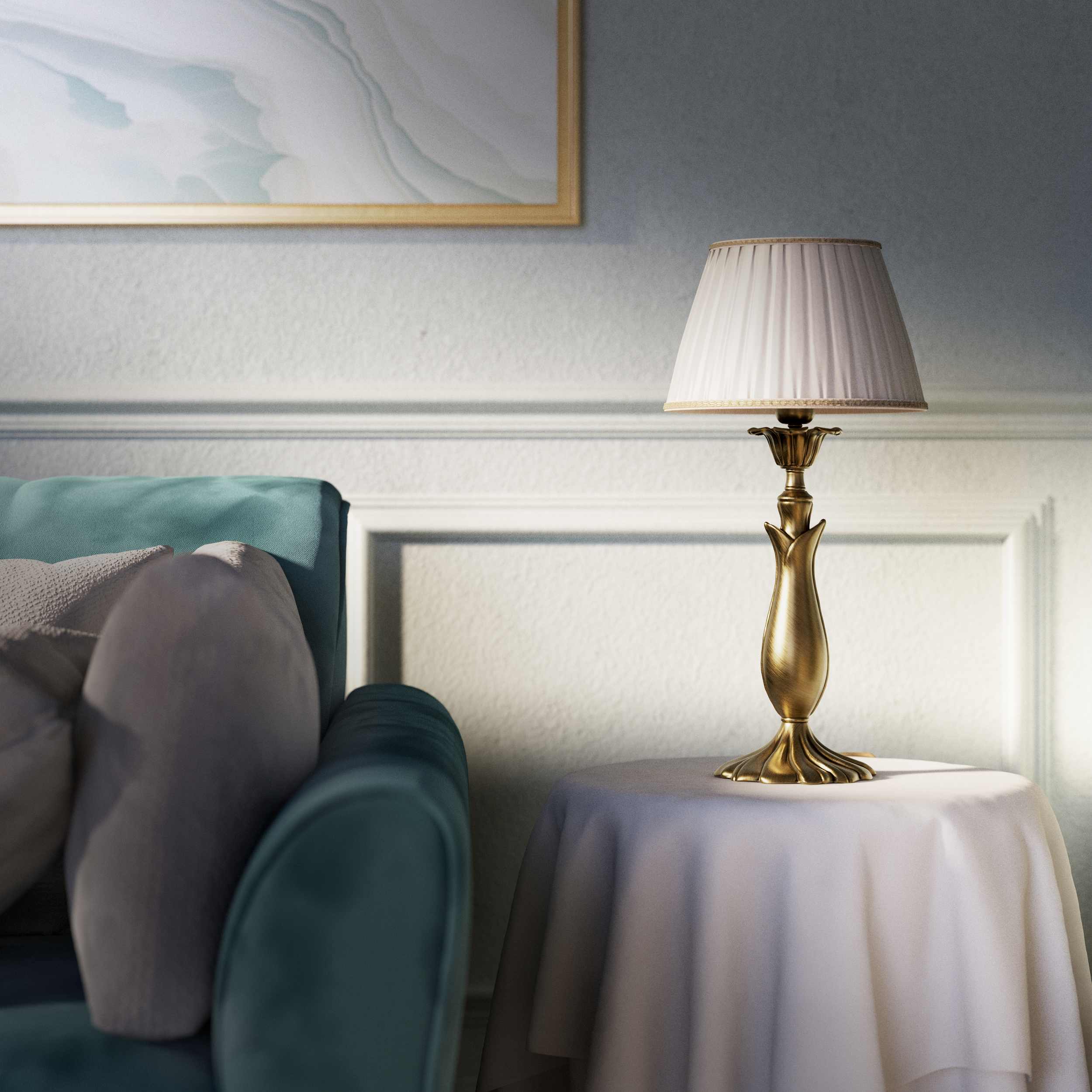 Brass table lamp with sculptural wavy leaf base ivory white pleated shade refined decorative details - Finish: OBS Bronze Satin Brass