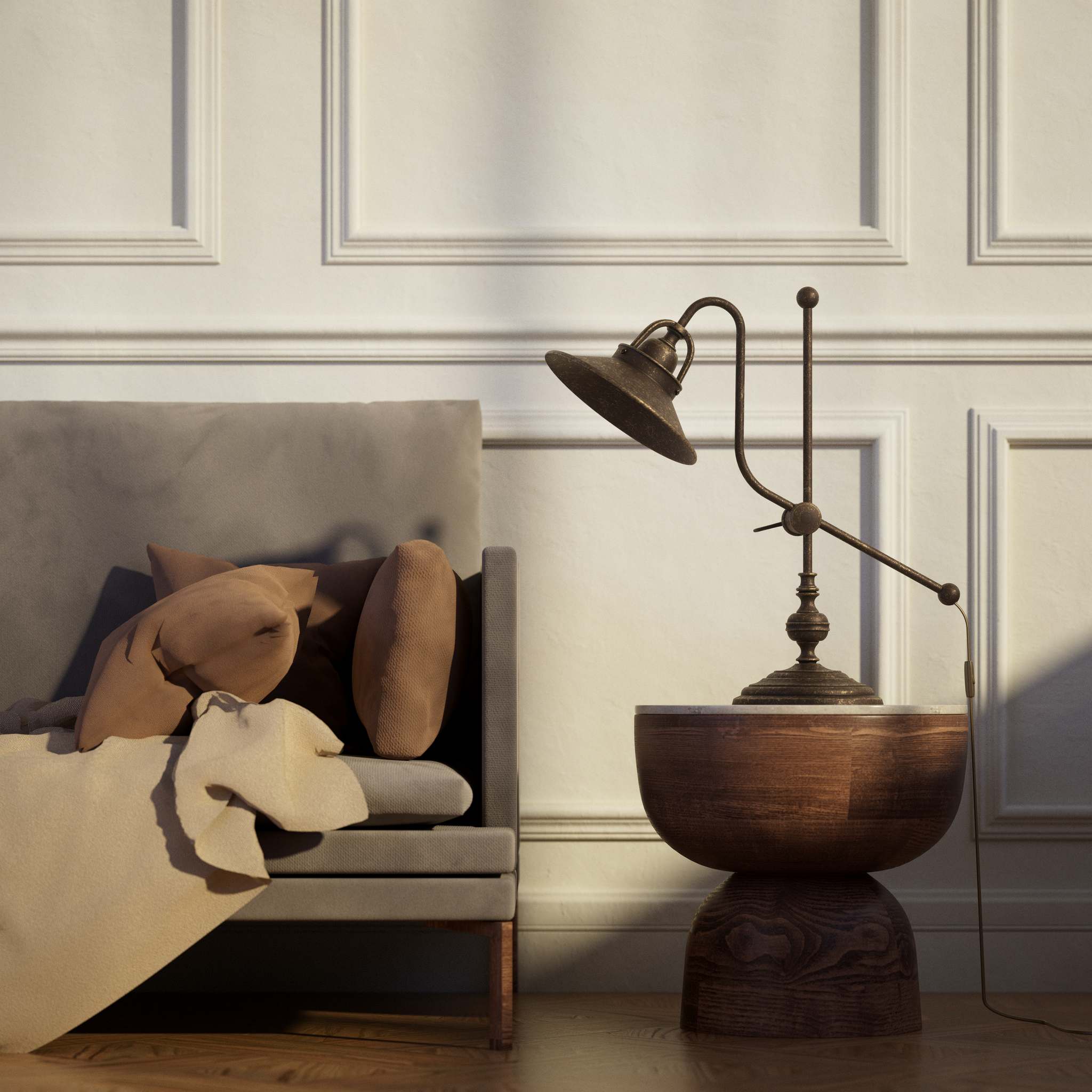 Classic brass table lamp with adjustable swing arm and decorative turned base, directional conical shade by Ghidini 1849 - Finish: OAS Antique Brass