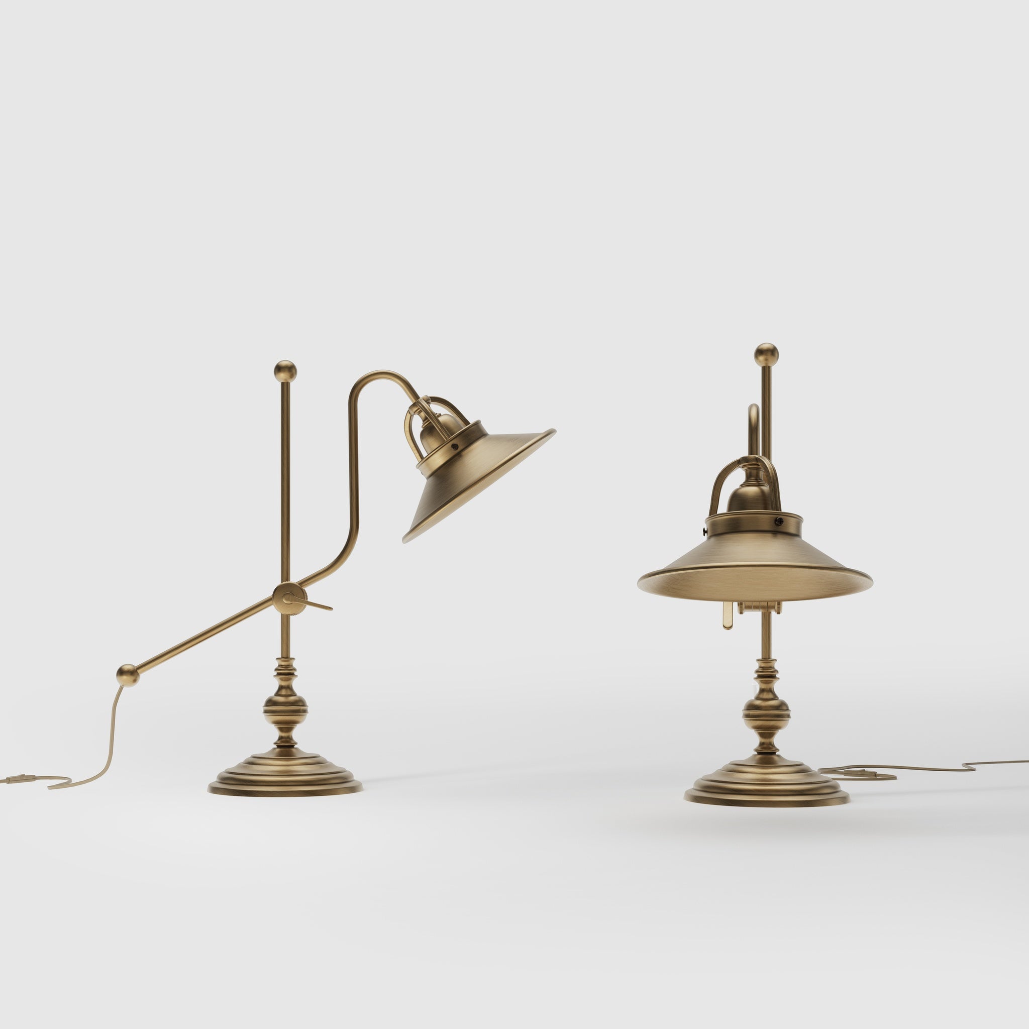 Classic brass table lamp with adjustable swing arm and decorative turned base, directional conical shade by Ghidini 1849 - Finish: OBS Bronze Satin Brass