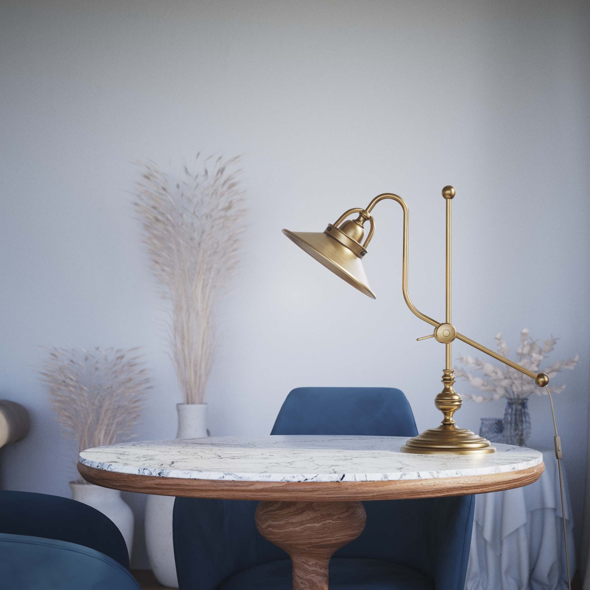Classic brass table lamp with adjustable swing arm and decorative turned base, directional conical shade by Ghidini 1849 - Finish: OBS Bronze Satin Brass