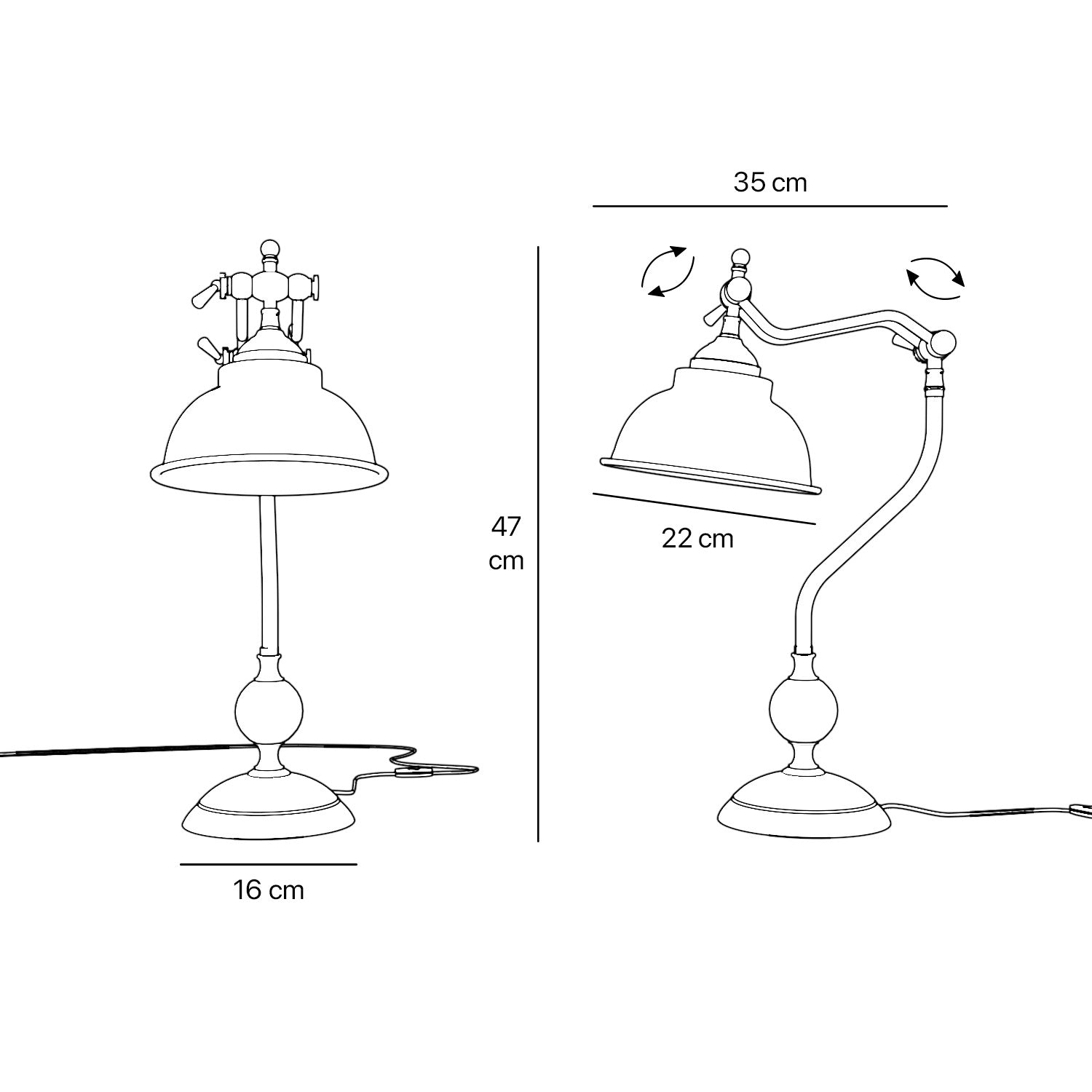 Industrial style desk lamp in brass with adjustable jointed arm dome shade round base with decorative sphere Oslo by Ghidini 1849